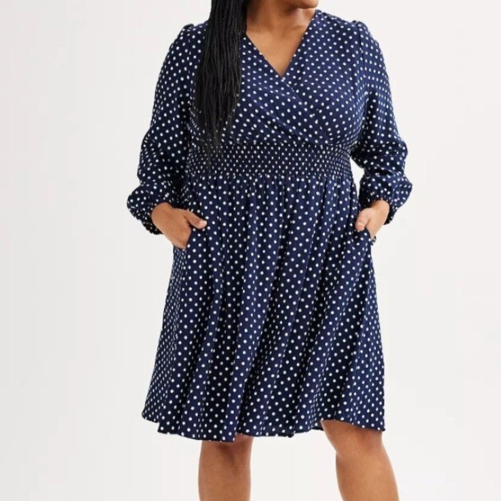 NWT DRAPER JAMES RSVP dress navy blue polka dot puff l/s smocked waist 3X